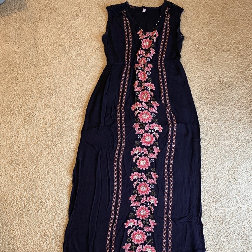 Xhilaration Black Maxi Dress with Pink Floral Design